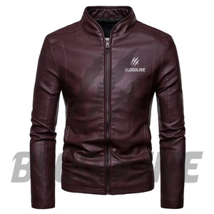Bloodline Men's Burgundy PU <b>Leather</b> Moto <b>Jacket</b> Stand Collar Zipper Closure Slim Fit Autumn Wear - Product Image 1