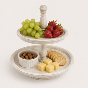 2 Tier Wooden Serving Tray Farmhouse Whitewashed Cake Stand for Kitchen Decor Distressed Wood Tiered Cupcake Holder <b>Tabletop</b> - Product Image 3