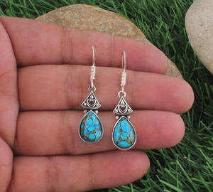 Wholesale 925 Sterling <b>Silver</b> <b>Blue</b> Copper Turquoise Teardrop Dangle <b>Earrings</b> Handmade Filigree Triangular Drop Engagement Gift - Product Image 1