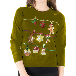 Olive Green Women Christmas Sequin Long Sleeve Crew Neck Knit Sweater Festive Holiday Casual Pullover Winter Top - Product Image 1