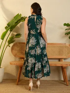Vestido Maxi con Estampado Floral Verde de Alta Calidad, con Volantes, para Fiestas, Citas y Cenas, Disponible a Precio de Venta para Exportación - Product Image 2
