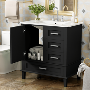 Mobile Bagno Moderno da 30 Pollici con Chiusura Ammortizzata, Armadietto Contenitore e Lavabo Integrato con 3 Cassetti - Stile Urbano - Product Image 2
