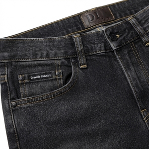 Jean en denim de coton pour homme, coupe droite, taille haute, coupe slim, délavé foncé, style décontracté automne - Product Image 4
