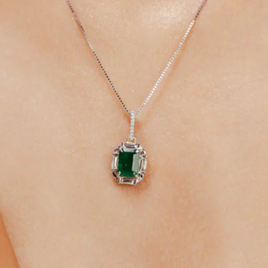 18K Gold <b>Emerald</b> Cut Sapphire & Diamond <b>Pendant</b> with Box Chain - Product Image 1