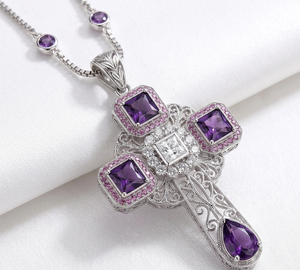 Purple Zircon Cross Pendant <b>Necklace</b> <b>Silver</b> Tone Filigree Chain Religious Jewelry for Women - Product Image 2