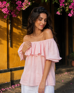 Trendy Bohemian <b>Off</b>-<b>Shoulder</b> Blouse Wide Leg Trouser Set | Breathable Cotton Linen Summer Co-ord Set | Wholesale Women Vacation - Product Image 2