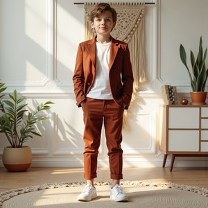 Boys Rust Brown Slim Fit Formal Suit <b>Set</b> | Kids <b>Blazer</b> & Pants Outfit for Weddings, Parties & Special Occasions - Product Image 3