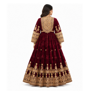 Robe de mariée pakistanaise pour femmes, Salwar Kameez en soie longue, couleur marron, broderie dorée, coupe ample, style hiver, robe afghane Kuchi - Product Image 5