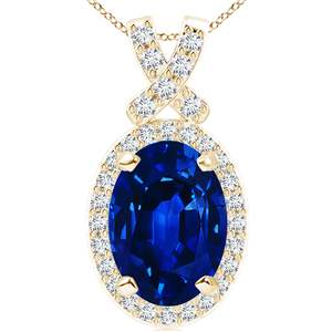 Pendentif de haute qualité en saphir bleu, style nœud papillon, avec halo de diamants, or 14 carats, fait main, certifié IGI, OEM - Product Image 1