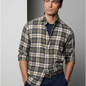 <b>Men's</b> Long Sleeve Plaid Flannel <b>Shirt</b> Regular Fit Casual Style Dark Blue Green <b>White</b> Patterned Button-Up Top - Product Image 1