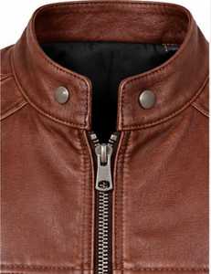 Chaqueta de Cuero Marrón para Hombre con Cuello Alto y Cierre de Cremallera - Product Image 5