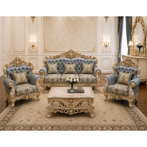 Imperial <b>Gold</b> Leaf Hand-Carved Living Room <b>Sofa</b> Set Buy Top Selling <b>Gold</b> Carved Wood Living Room Furniture with Blue Upholstery - Product Image 1