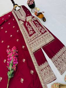 Elegante Salwar Kameez de Seda Color Granate con Bordado Intenso para Bodas y Ocasiones Festivas, Ropa Étnica Tradicional para Mujer - Product Image 5