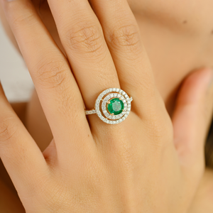 18K Gold Round Emerald Double Halo <b>Diamond</b> <b>Ring</b> VVS1-VS2 Clarity IGI Certified - Product Image 3