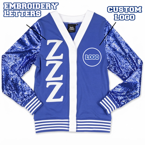 <b>Custom</b> Royal Blue Knitted 100% Cotton Varsity Cardigan Sequin Sleeves Embroidery Letter V Neck Button Front Logo Greek Sweater - Product Image 1