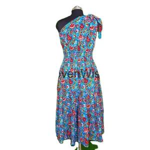 Blue colored Floral Dress Women Summer Elegant one Shoulder Strapless Runway Party Dress coming newest hot selling this seasons