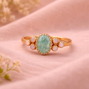 Brass Gold Plated Amazonite Stone Handmade Bohemia Christian Vintage Oval Gemstone <b>Ring</b> Delicate Stackable Womens Jewelry - Product Image 5