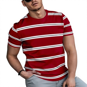 Men's Red Striped Short Sleeve O-Neck Jersey T-Shirt Regular Fit Casual Knitted 220g Regular Length 100% Cotton Breathable - Product Image 3