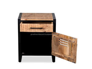 Mesa de Noche Industrial de Madera de Mango con Estructura Metálica, Mesita de Noche de Madera con Cajón y Puerta, Mueble Auxiliar para Dormitorio - Product Image 3