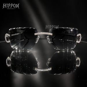 Mens Stainless Steel Moissanite Iced Rimless Square <b>Sunglasses</b> Luxury Fashion Statement Eyewear Designer Streetwear Accessory - Product Image 1