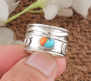 Wholesale Spiny Oyster Turquoise <b>Spinner</b> <b>Ring</b> 925 Sterling <b>Silver</b> Wide Band Swirl Filigree Meditation for Women Party Classic - Product Image 1