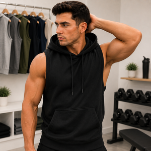 Sweat-shirt à capuche sans manches pour homme, noir, en polaire, décontracté, pour la salle de sport, avec poche, coupe classique, style automne - Product Image 6