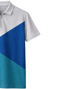 Polo à col zippé pour homme, gris clair, bleu et vert sarcelle, manches courtes, color block, tricoté, décontracté, personnalisable, pour l'été - Product Image 3