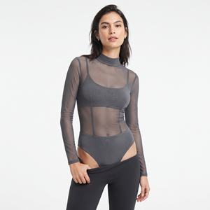 Combinaison moulante transparente en maille grise à manches longues et col montant pour femme - Product Image 2