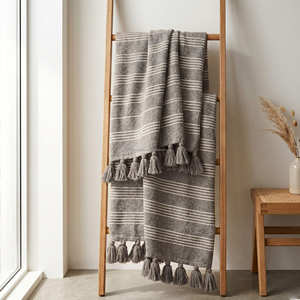 130x170 cm Soft Feel Tufted Stripe Cotton Blanket Luxury Neutral Furniture Throw Fringed Woven Decor - Product Image 1