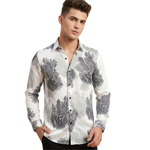 <b>Mens</b> White Black Coral Print Long Sleeve Button Down <b>Shirt</b> Modern Slim Fit Casual Fashion Collared <b>Shirt</b> for Everyday Wear - Product Image 1