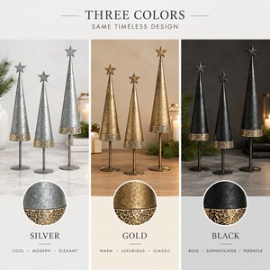 Brass Metal <b>Christmas</b> Tree Decoration Set of 3 with <b>Star</b> Topper Hammered Finish Tabletop Mantel Holiday Decor Figurine Craft - Product Image 3