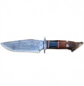 Couteau de survie à lame fixe en acier Damas fait main, manche personnalisé en bois de cerf, outil utilitaire de camping et de survie, type Bowie - Product Image 1