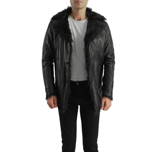 Chaqueta de Hombre Negra de Cuero Genuino con Cuello de Piel, Gruesa, de Un Solo Pecho y Corte Ajustado - Product Image 5