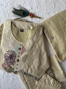 Ensemble décontracté pour femme en coton beige à séchage rapide, longueur cheville, style ethnique, broderie florale, style Inde Pakistan, coupe régulière, toutes tailles - Product Image 2
