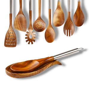 Juego de 10 utensilios de madera de acacia - Diseño clásico, cucharas antiadherentes con mango largo de metal, ecológicos, regalo de boda, pulidos con cera - Product Image 2