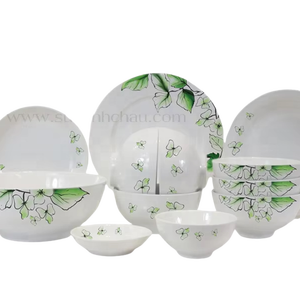 Ensemble de 12 bols en céramique écologiques de qualité supérieure, polis, peints à la main, motif floral vert, porcelaine de haute qualité - Product Image 1