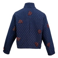 Blouson unisexe personnalisable en denim coupe courte, tricoté, respirant, avec fermeture éclair intégrale, col côtelé, broderies florales et patchs, en viscose matelassée