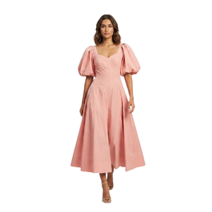 Elegante Vestido Midi Rosa con Mangas Abullonadas para Mujer, Cuello Corazón, Tejido de Algodón, Verano/Primavera, Informal, Transpirable, para Fiesta - Product Image 4