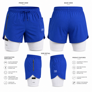 Shorts de course pour hommes personnalisables en gros, couleur bleu uni, taille mi-haute, cordon de serrage, séchage rapide, sportifs, avec logo sur les poches - Product Image 3