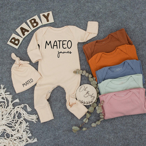 Combinaison côtelée en coton respirant et doux avec fermeture éclair bidirectionnelle, personnalisable, pour nouveau-né, avec ensemble bonnet, vente en gros, collection automne bébé - Product Image 3