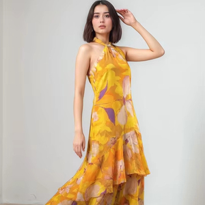 Vestido Midi Largo Formal para Mujer, Diseño Floral, Algodón, Personalizado, Sin Mangas, 100% Algodón Georgette, Natural, Ecológico, para Fiesta - Product Image 1