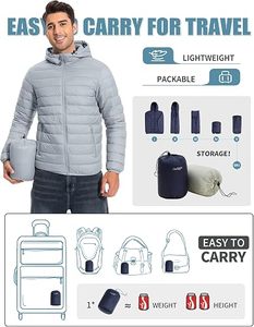 <b>Men's</b> Lightweight Packable Waterproof Winter Hooded Puffer <b>Jacket</b> with 100% <b>Down</b> <b>Fill</b> Casual Style and Storage Pouch - Product Image 5