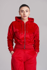 <b>Women</b> Red <b>Velour</b> <b>Tracksuit</b> Full Length Hooded Zipper <b>Tracksuit</b> With Side Pockets Loose Fit Casual Solid Color Autumn Wear - Product Image 5