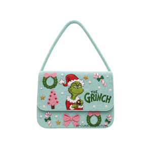 Sac à bandoulière bohème perlé Grinch, motif personnage de Noël, sac à main pour femme à sangle unique, brodé à la main avec fermeture à loquet - Product Image 1