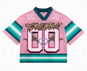 Custom Breathable Full Sublimation Mesh Short Sleeve Football Fan Jersey with Vintage Sleeve Stripes and <b>Pink</b> Peace <b>Heart</b> - Product Image 5