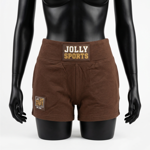 กางเกงขาสั้นผู้หญิงพรีเมียม 300 GSM ผ้าฝ้ายผสมสแปนเด็กซ์ สีน้ำตาล เอวสูง ผ้าเนื้อยืด รับสกรีนโลโก้ กางเกงขาสั้นสำหรับผู้หญิง - Product Image 2
