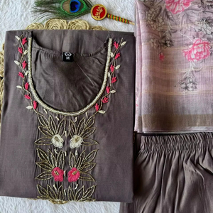 New Designer Women's Indian & Pakistani Clothing Collection Soft Cotton <b>Kurti</b> Set with Hand Work and Heavy Silk Dupatta - Product Image 1