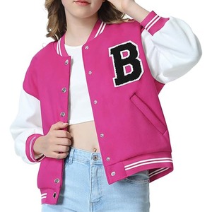 Pink Varsity Jacket With <b>White</b> Sleeves And Letter B Embroidery Full Sleeve <b>Button</b> Up Turn Down Collar Autumn Wear - Product Image 3