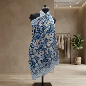 Bikini de Algodón con Estampado Floral Azul y Borde a Rayas, Estilo Étnico Tradicional, Prenda Casual Festiva para Mujer - Product Image 4