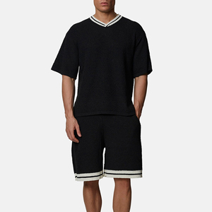 Pantalones Cortos Bermuda de Punto para Hombre, de Color Sólido, con Ribete en Contraste, Cintura Elástica, Estilo Casual - Product Image 1